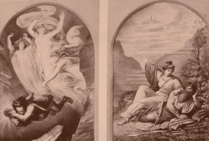 zwei Szenen aus Rheingold, Aufnahmen von Hofphotograph J. Albert nach Malereien im Nibelungengang