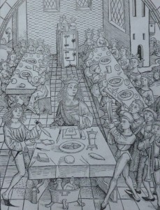 Auf diesem Holzschnitt von 1491 erkennt man links Tranchier- und Vorlegemesser "in Aktion"