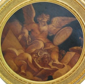 Saturn, der geflügelte Gott der Zeit, thront über den Figuren von Tag und Nacht - Deckengemälde aus dem Vierschimmelsaal der Residenz