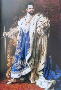 Nachfolger der barocken Bourbonen... - Ludwig II. etwa zur Zeit der letzten Separatvorstellungen, Staatsporträt von G. Schachinger, 1887, Schloss Nymphenburg, Marstallmuseum