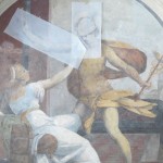 Mit reversiblen Malmitteln wird das Wandgemälde nach erhaltenen Vorlagen zurückhaltend ergänzt