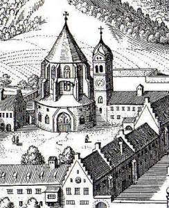 Die Klosterkirche auf einem Stich vom Merian aus dem 17. Jh. ...