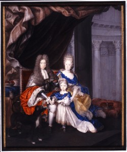 Max Emanuel mit seiner ersten Frau Maria Antonia und ihrem gemeinsamen Sohn, Miniatur von Carlo Bruni, Ende 17. Jh.