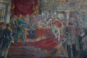 Max I. Joseph erlässt die Verfassung von 1818 (der Herr links vorne in grüner Uniform ist der damalige Kronprinz Ludwig!)
