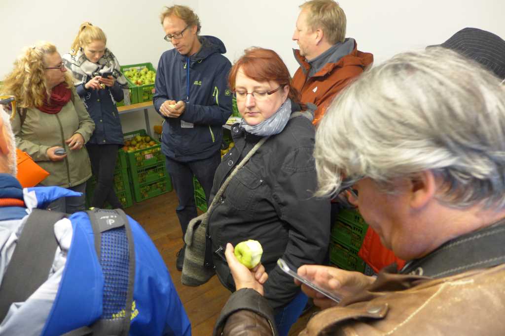 Die Teilnehmer des Lustwandelns verkosten alte Apfelsorten im Obstverkauf der Schlossgärtnerei von Schleißheim