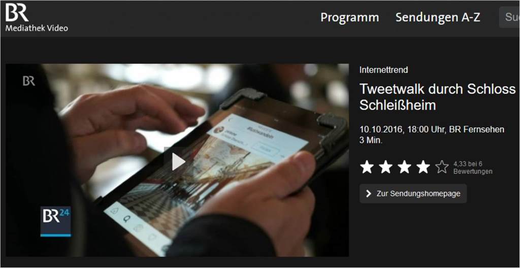 Selbst der BR berichtete in der Abendschau vo 10.10.16 über unseren Tweetwalk #Lustwandeln in Schleißheim. Screenshot von BR Mediathek Video Seite.