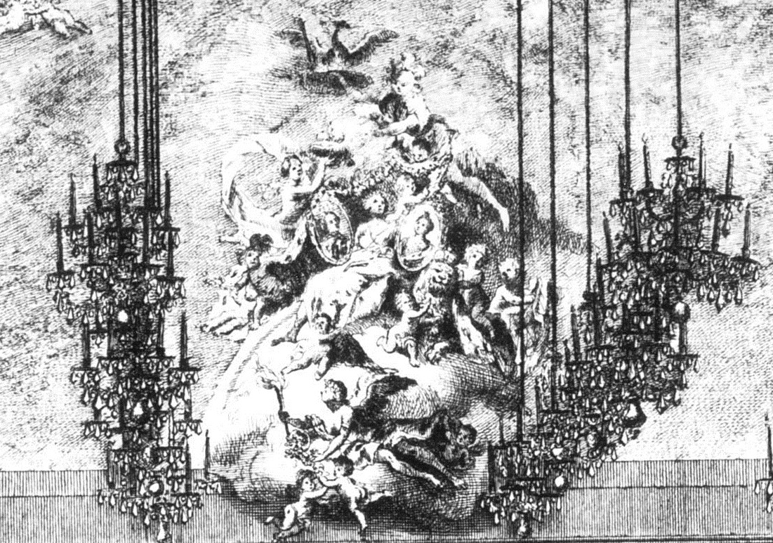 Ausschnitt aus der gestochenen Ansicht der Festdekoration im kurfürstlichen Opernhaus anlässlich der Hochzeitsfeierlichkeiten 1765