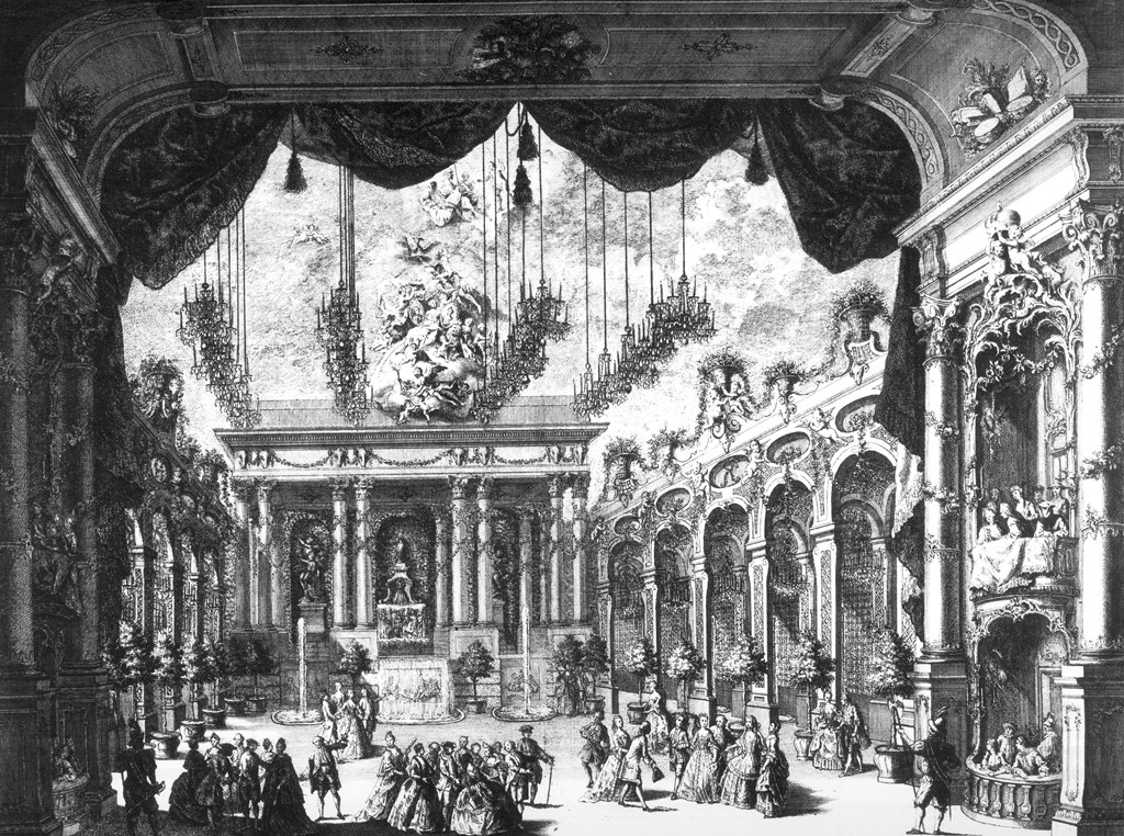 Als Schauplatz des Balls schuf Cuvilliés eine spektakuläre Gartendekoration auf der Bühne des Opernhauses