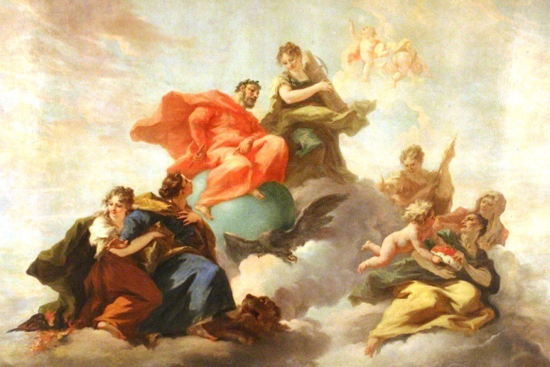 Auf diesem Gemälde, das in den 1970er Jahren in die Decke der Grünen Galerie in der Residenz eingesetzt wurde, ist Johann Wilhelms Triumph dargestellt: Jupiter verleiht der Kurpfalz die verlorenen Würdezeichen zurück...
