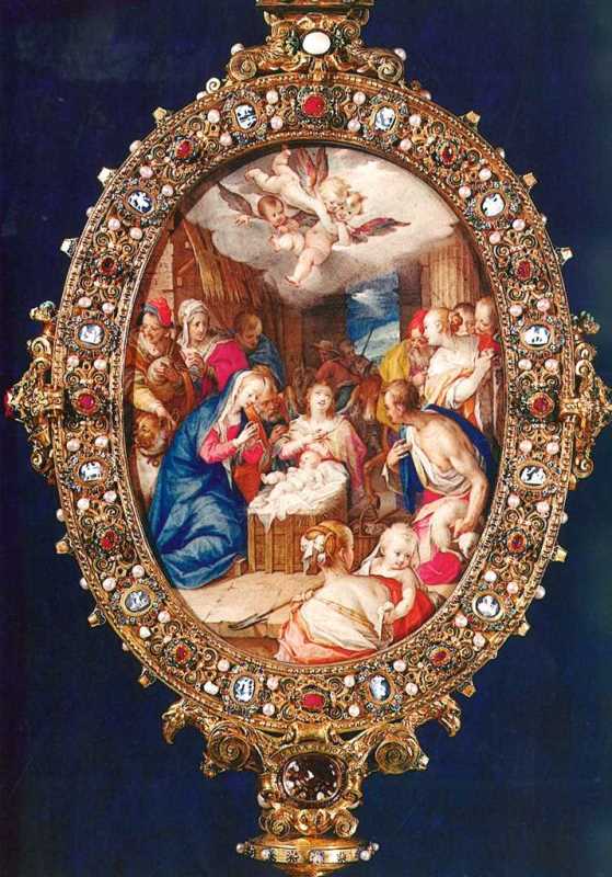 BU: Kusstafel, Goldschmiedearbeit Italien um 1570, in München um 1629 verändert, Malereien von Hans Werl nach Hans von Aachen, 1592, Residenzmuseum, Reliquienkammer