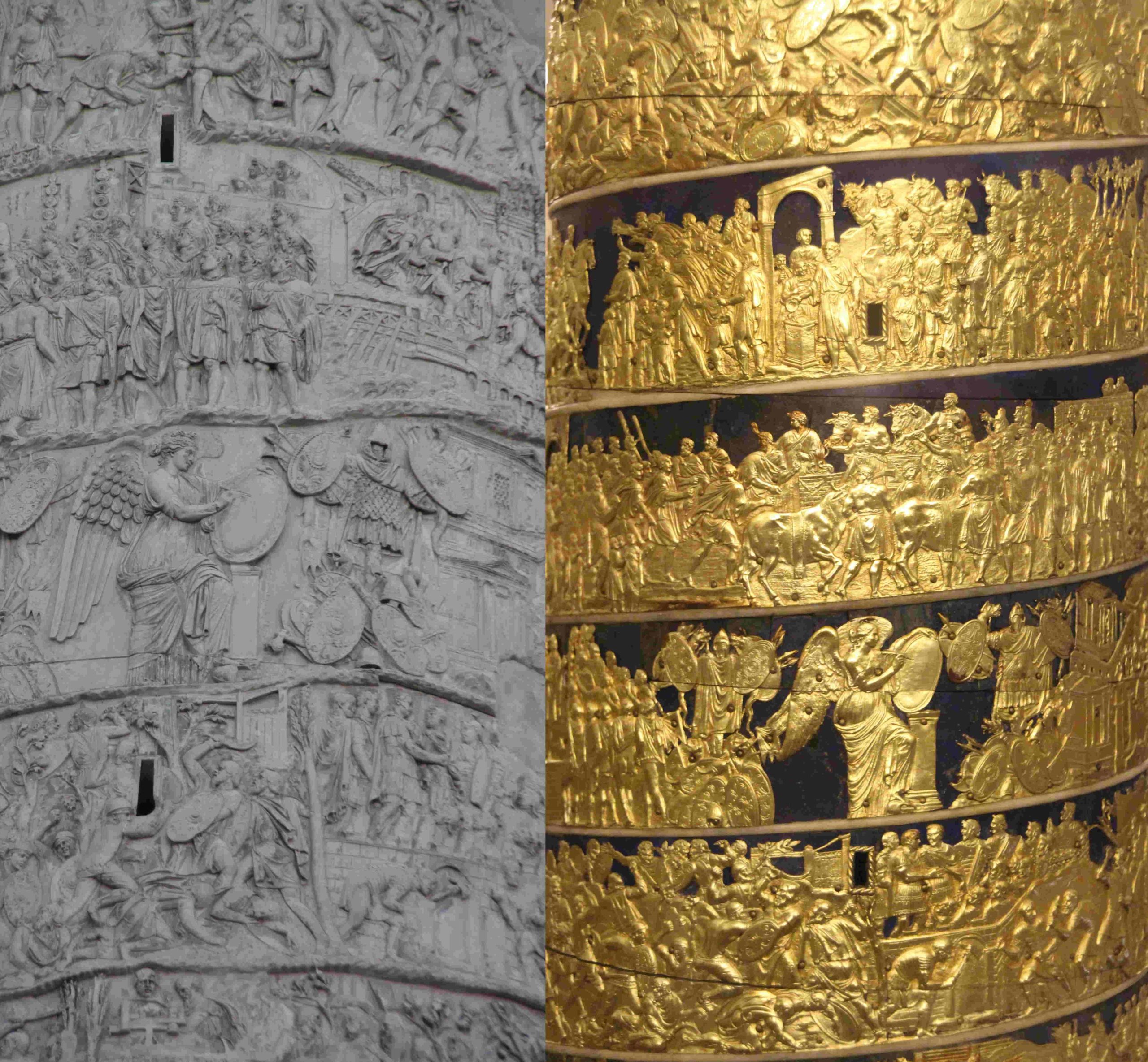 Kopie und Original - die gemeißelten Friesfiguren sind etwa 70 cm groß, die bronzenen Krieger messen dagegen zwischen drei und vier Zentimetern