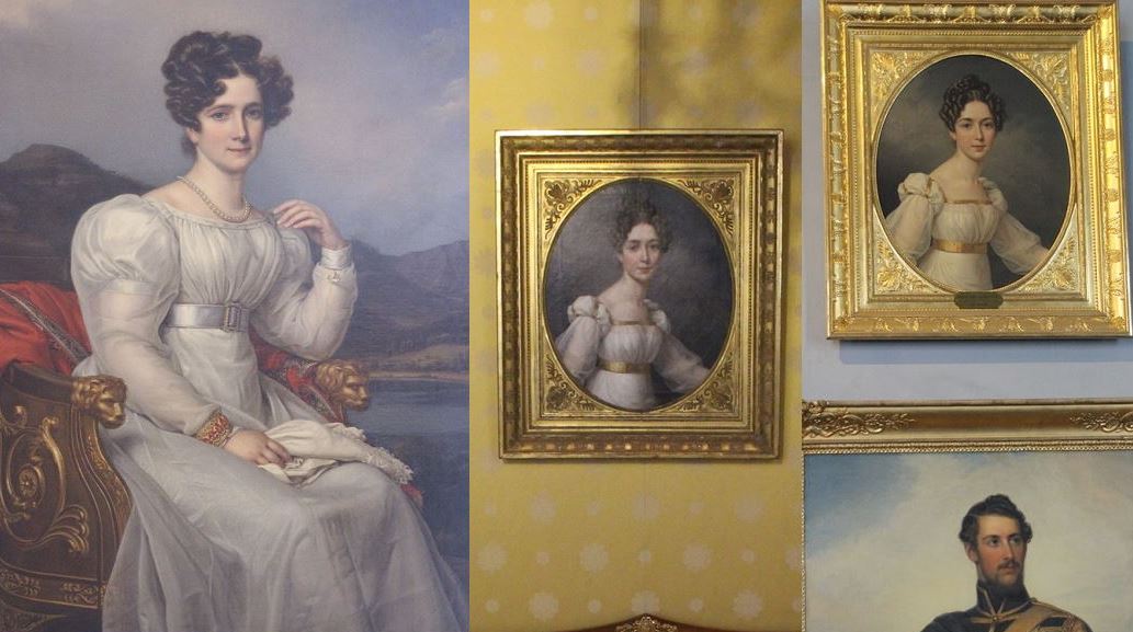 Josephine als Kronprinzessin in Schloss Gripsholm (links), und als Braut in München (Mitte) und im Stadtschloss in Stockholm (rechts) - unten sieht man noch Oskar, den glücklichen Bräutigam
