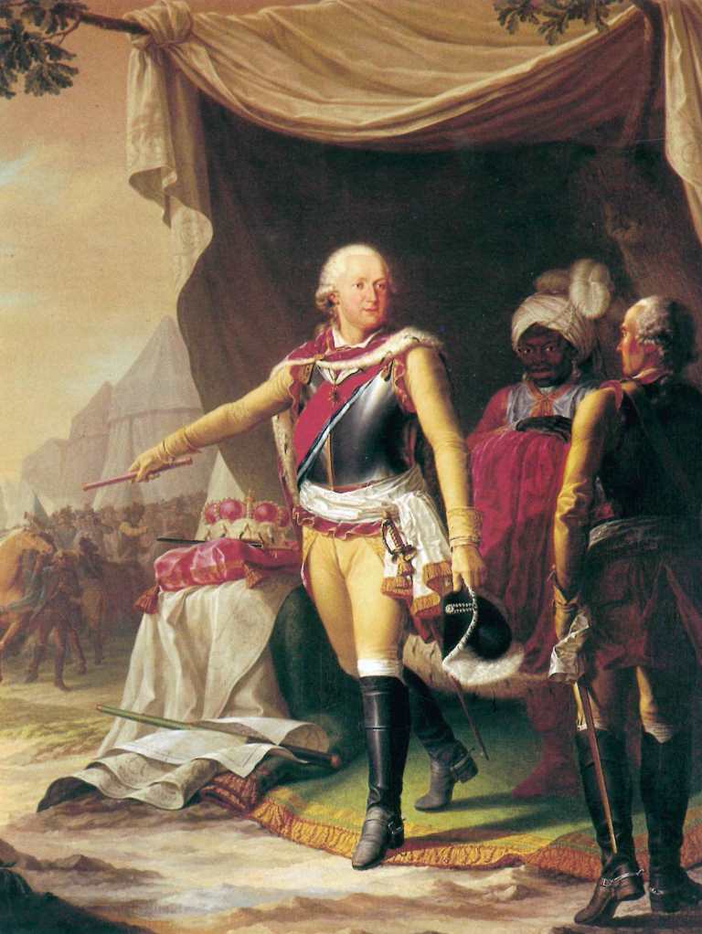 Wie sein Vater und sein Bruder war auch Karl II. August Inhaber eines Regiments, dass unter dem Oberbefehl des französischen Königs stand - auf diesem Gemälde des Zweibrücker Hofmalers K. K. Pitz von 1783 begrüßt der Herzog seine siegreich aus dem Amerikanischen Unabhängigkeitskrieg heimkehrenden Soldaten