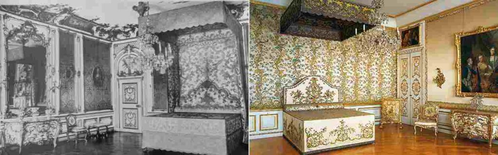 Das Schlafzimmer der "Kurfürstenzimmer" vor 1944 und heute: Die Tür die einst links vom Bett Richtung Cäcilienkapelle führte, existiert nicht mehr