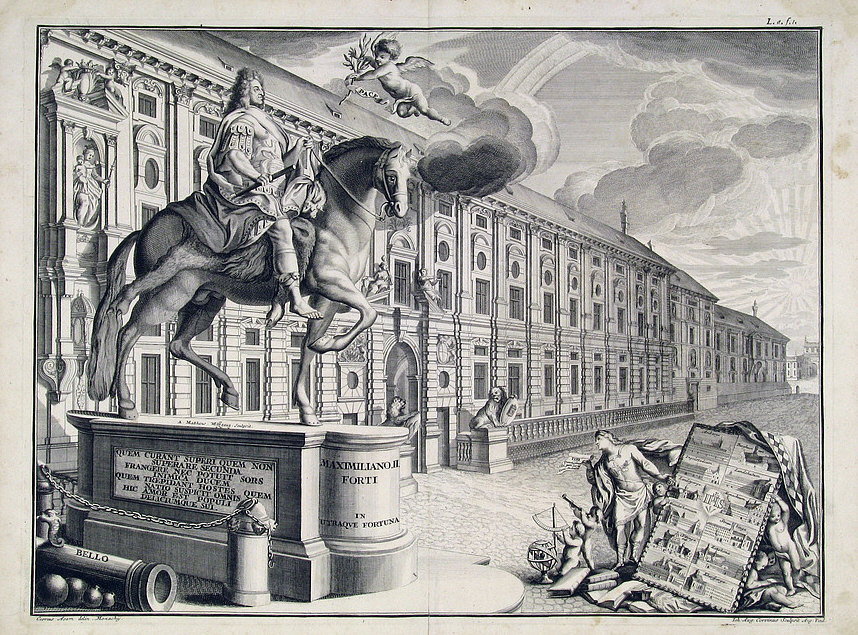 Kupferstich aus "Fortitudo Leonina", der Max Emanuel hoch zu Ross vor der Residenzfassade verherrlicht
