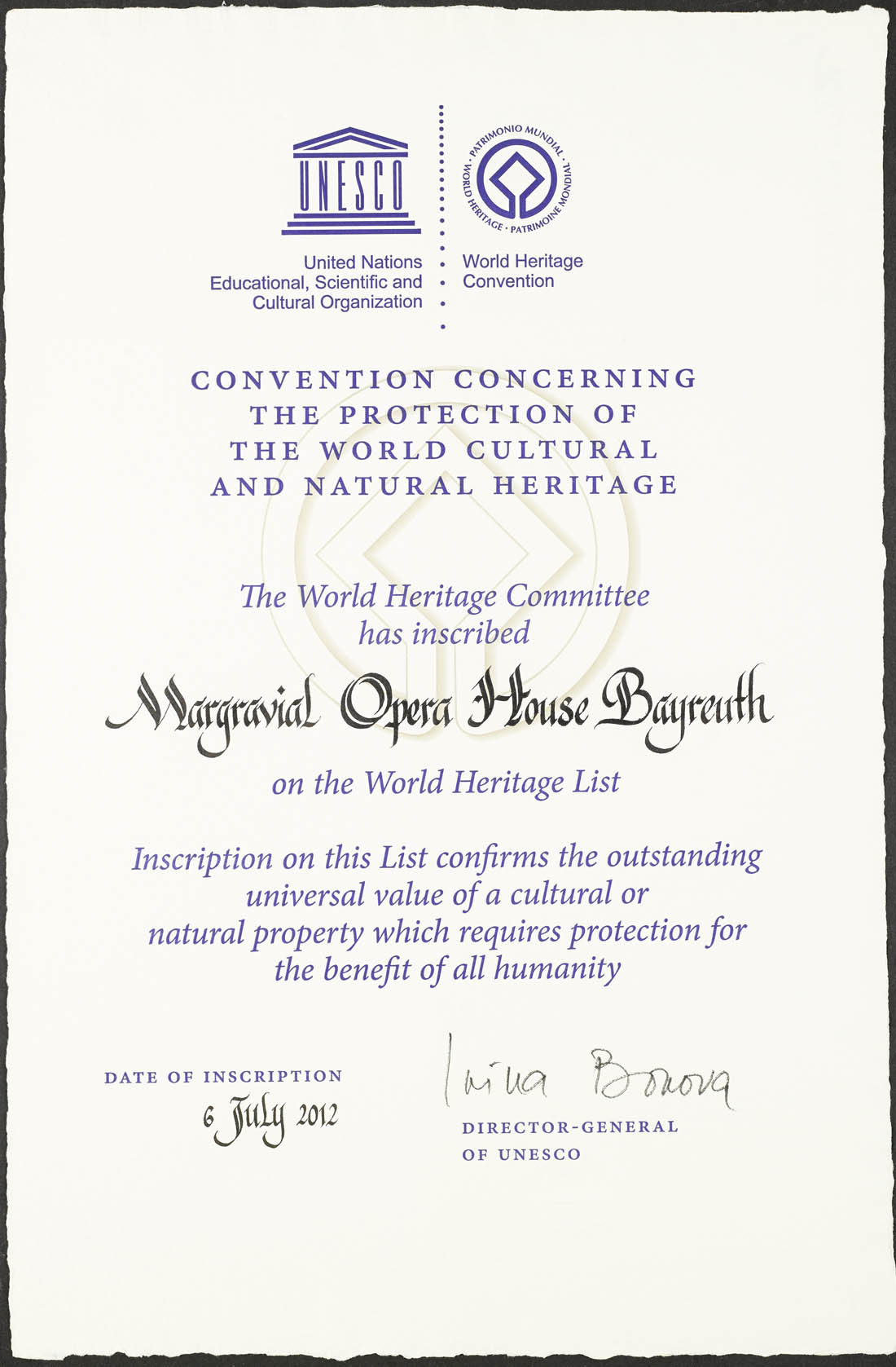 UNESCO-Urkunde zur Aufnahe auf die Welterbeliste des Markgräfischen Opernhauses