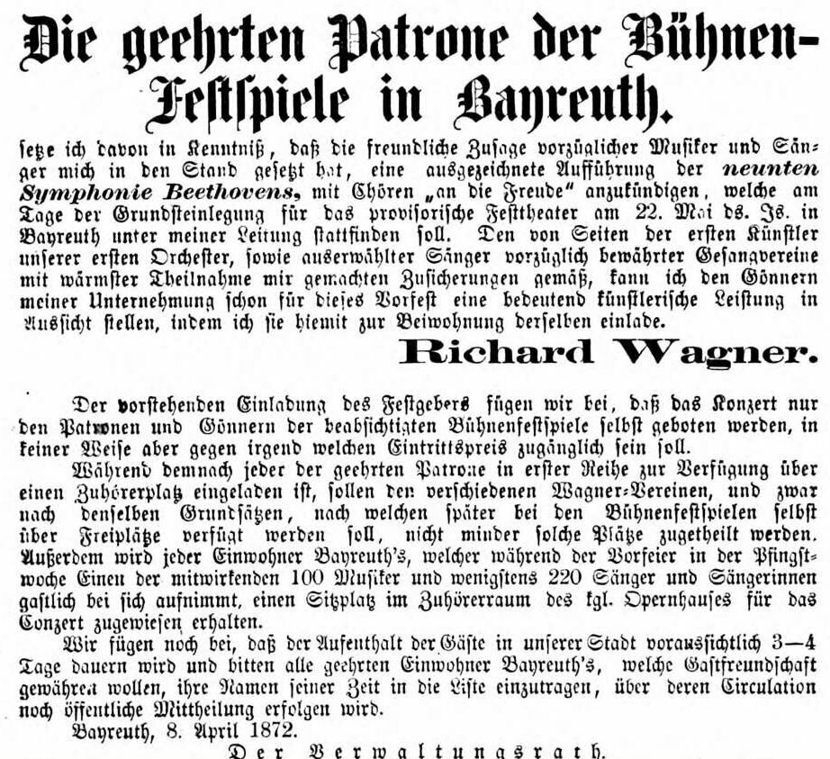 Annonce Richard Wagners an die Patrone der Bühnenfestspiele in der Oberfränkischen Zeitung vom 9. April 1872 