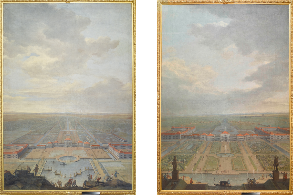 Franz Joachim Beich, Schloss Nymphenburg von der Stadtseite (links) und der Parkseite (rechts), 1718, Foto: BSV
