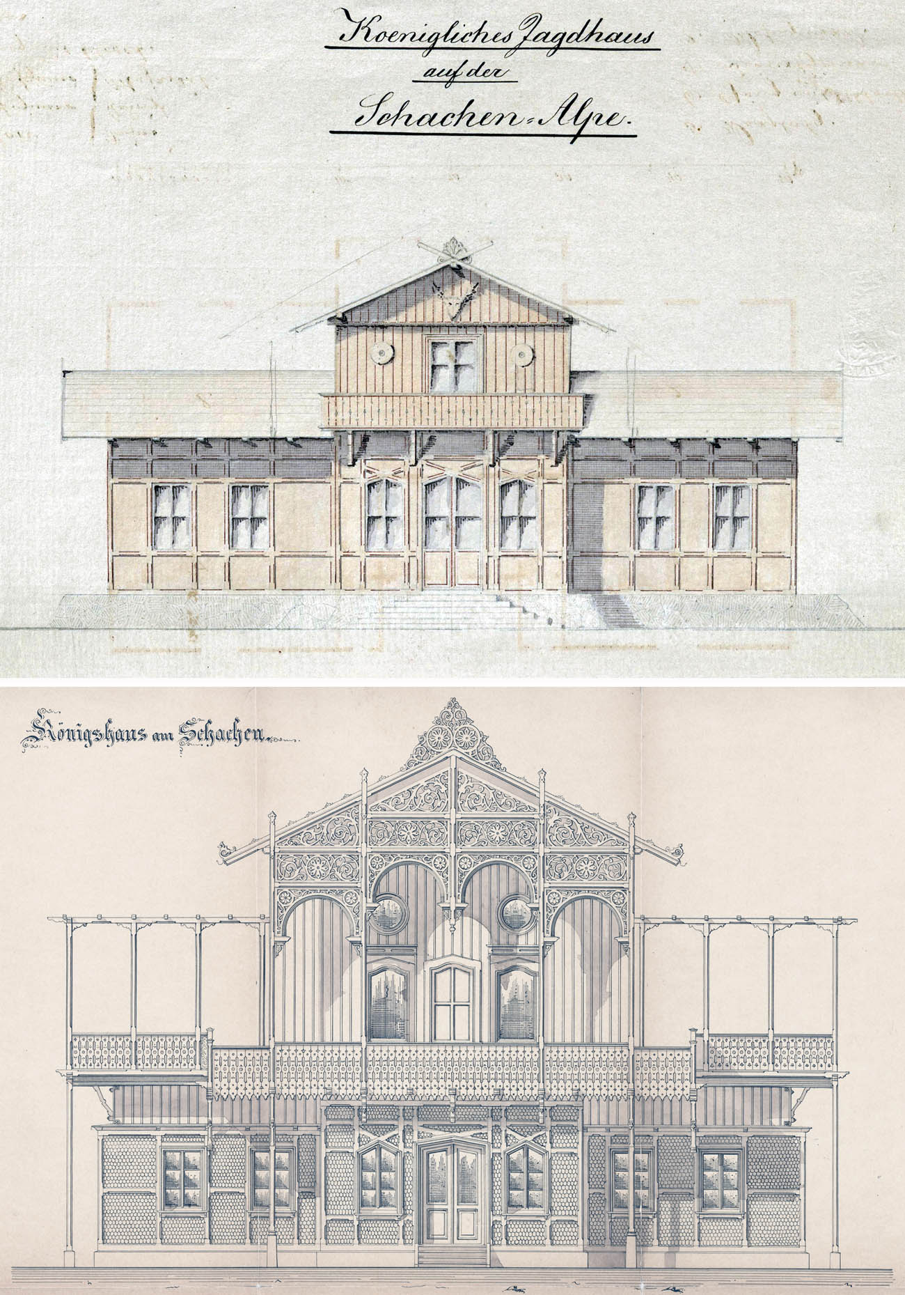 Vergleich der Fassadenansichten vom Königshaus auf dem Schachen vor und nach dem Umbau bis 1872