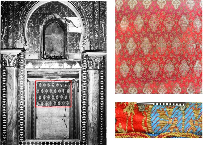 Links: Fragmentarisch erhaltene Wandbespannung im Marokkanischen Haus, Befund 1982; rechts: orientalischer Seidenlamé des Tabouret-Sitzpolsters und der Erläuterung: