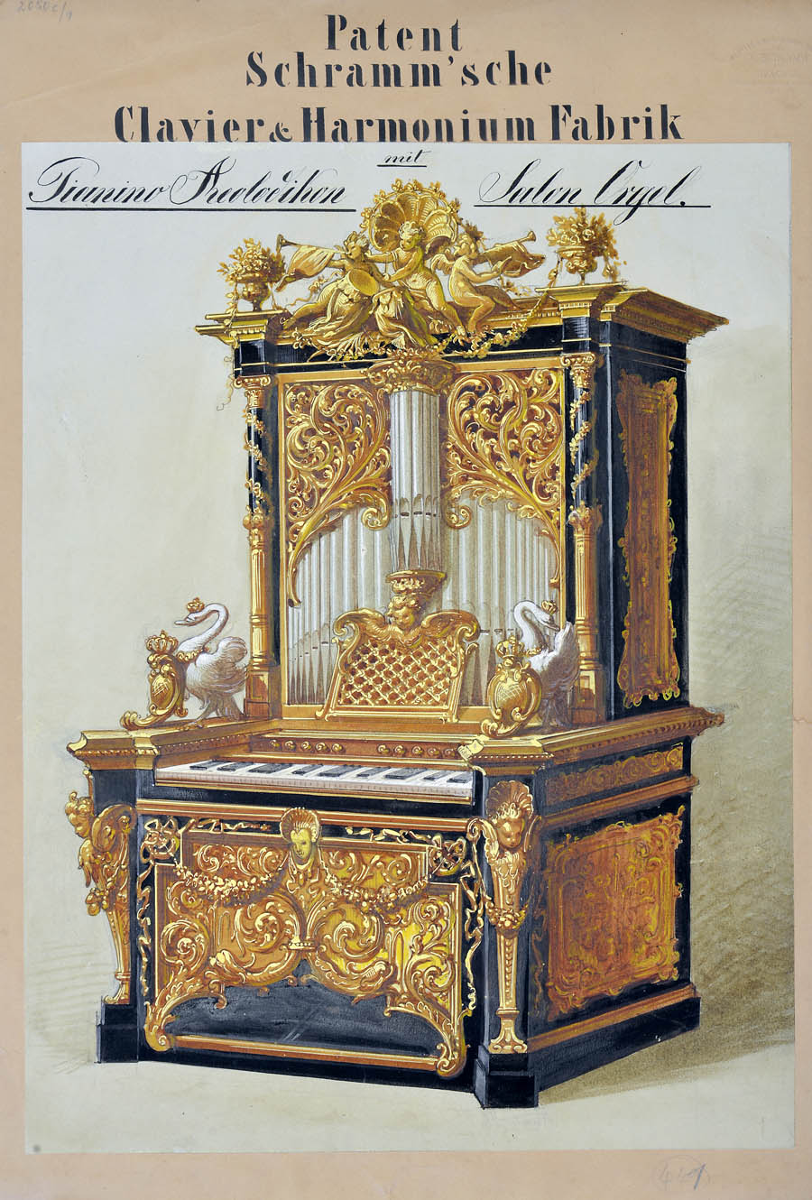 Entwurf eines Pianino-Aedolikons der Schramm’schen Clavier&Harmonium Fabrik München