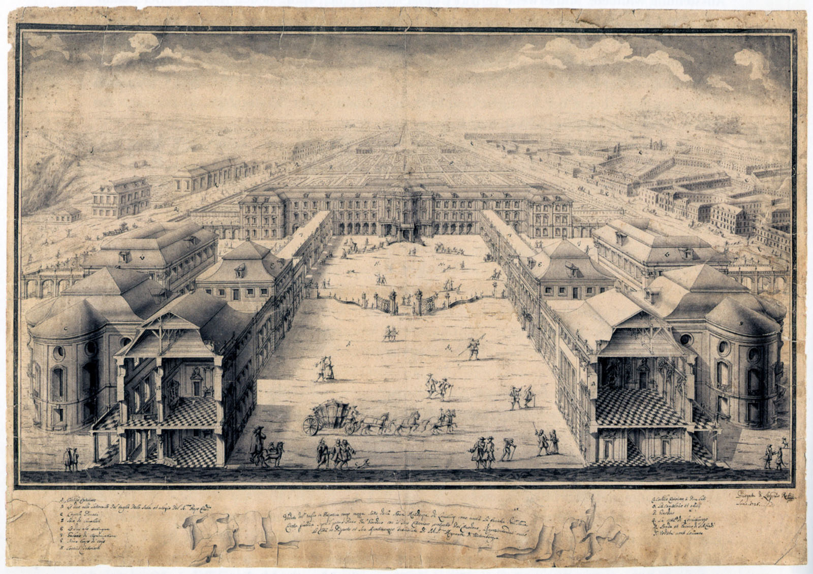 Leopoldo Retti, Ehrenhof des Neuen Corps de logis von Schloss Ludwigsburg mit aufgeschnittenen Flügelbauten der älteren Bauteile, 1726