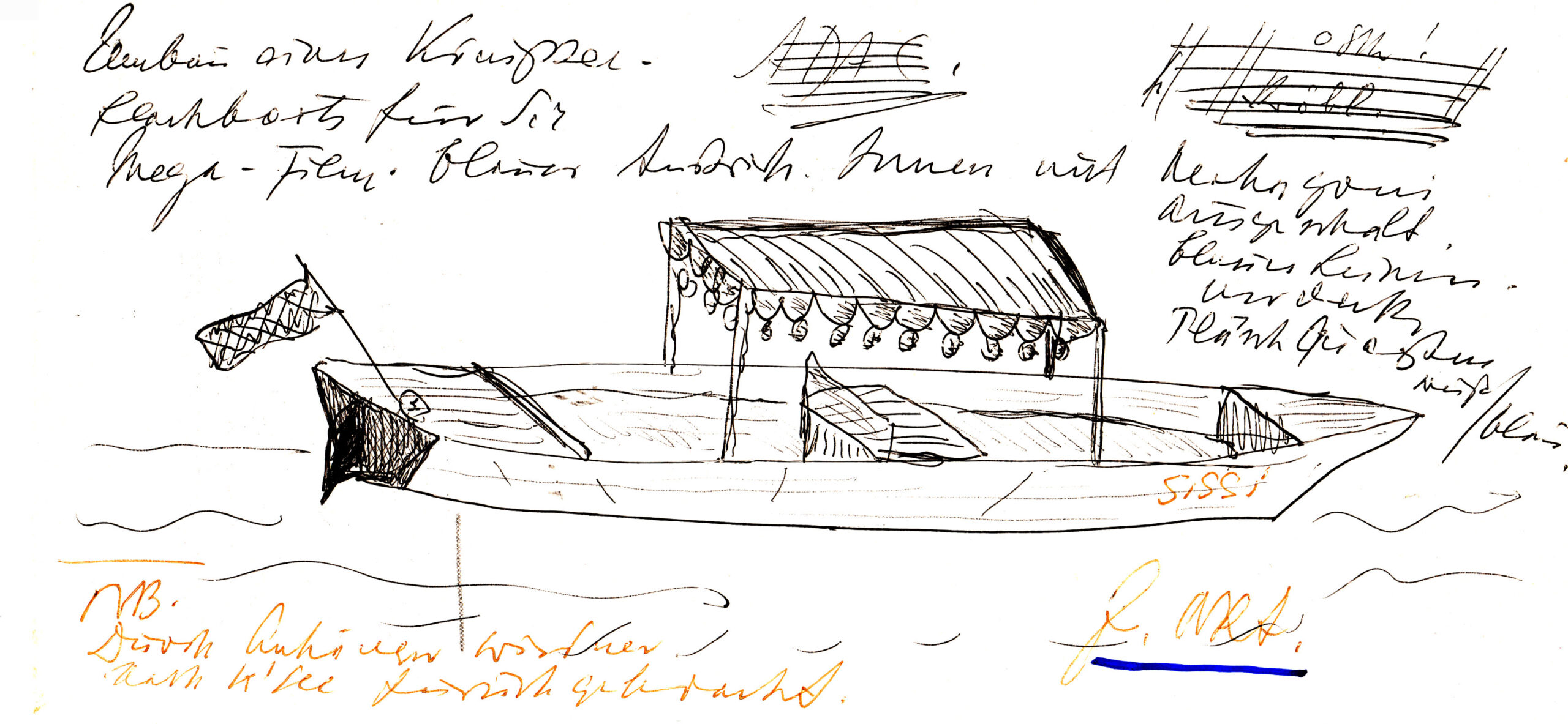 Skizze zum Umbau des ausgemusterten Boots „Leoni“ zum „Raddampfer Tristan“