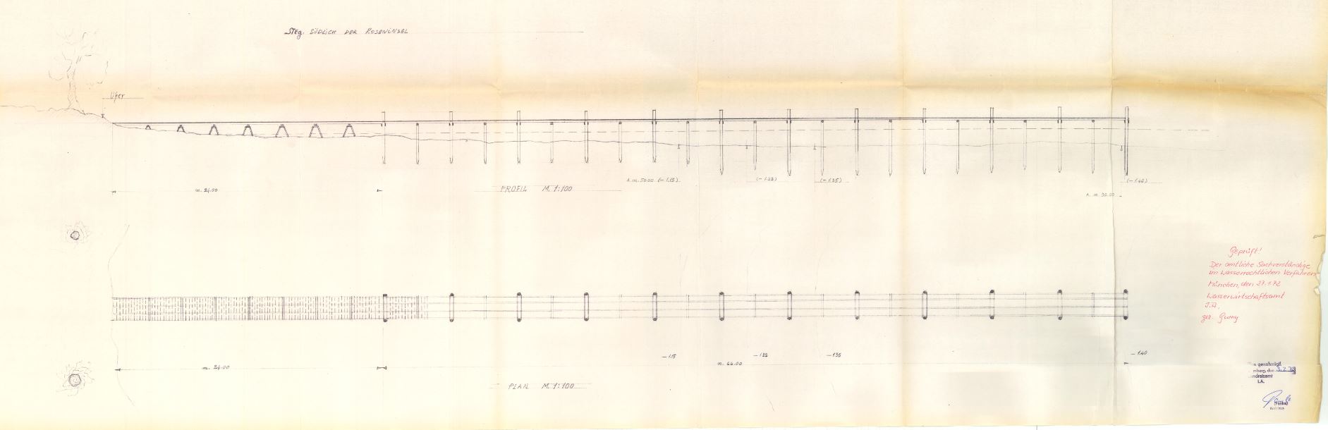Genehmigungsplan des temporären Pfahlbaustegs auf der Südseite der Roseninsel, 3. Februar 1972