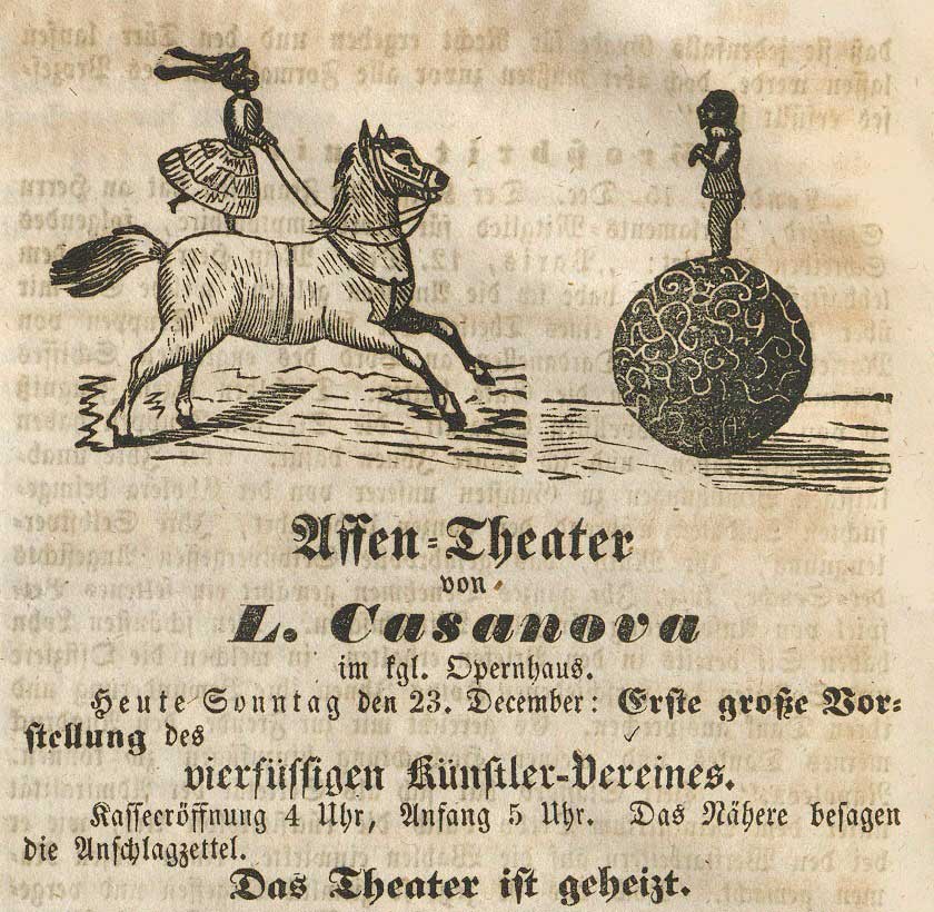 Zeitungsannonce für eine Zirkusvorstellung im Opernhaus, aus: Bayreuther Zeitung, 23. Dezember 1855 München, Bayerische Staatsbibliothek