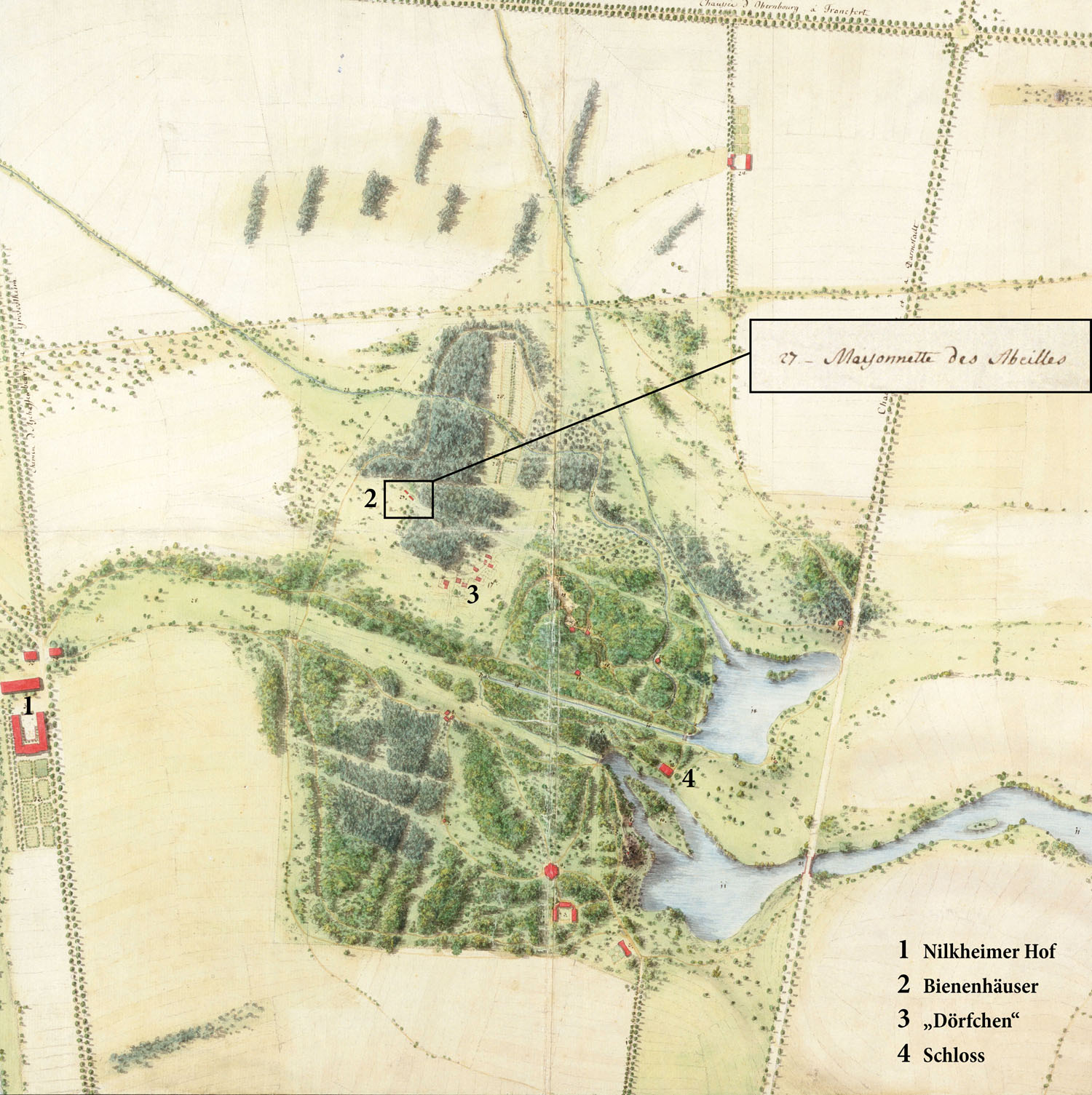 Emanuel Joseph von Herigoyen, Gartenplan des Parks Schönbusch vor 1788 mit Standort der Bienenhäuser und zugehöriger Erläuterung aus der Planlegende, BSV, Gärtenabteilung: AB 03-05-002 (B 11-2)