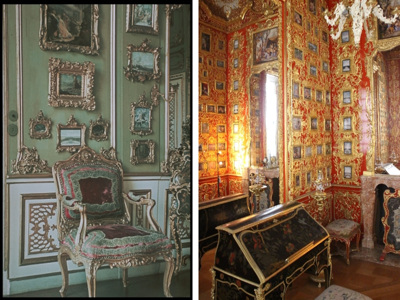 Farbfoto der linken Seite der Südwand des Kabinetts aus den 1930er Jahren (links) - Blick in das Miniaturenkabinett der "Reichen Zimmer" (rechts)
