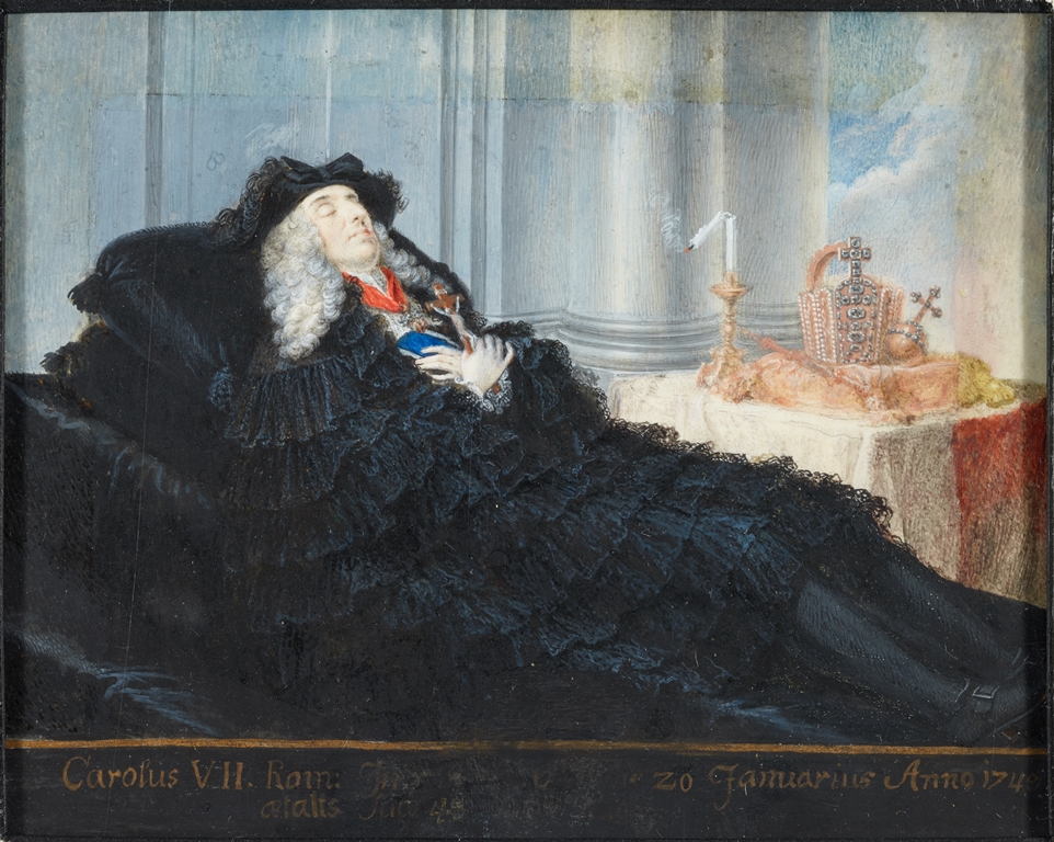 Ob auch politisch gescheitert und schon tot: Das Vlies ist immer dabei - Kaiser Karl VII. Albrecht auf dem Sterbebett (Miniaturensammlung der Residenz)