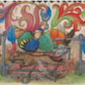 Auf den Seiten des kostbar illuminierten Gebetbuchs des Johann II. von Pfalz-Simmern fangen Hasen einen Jäger und braten ihn samt seinem Hund am Spieß (Buchmalerei von Albrecht Glockendon, 1535, Österreichische Nationalbibliothek)