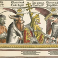 Fuchs als geistlicher Berater der Gänse, spätmittelalterliche Ofenkachel / Der Papst und seine Berater, satirisches Reformations-Flugblatt, um 1521 / Papst-Karikatur, der als Autorität so berufen sei, wie ein Esel zum Musizieren, Holzschnitt v. Lukas Cranach, 1545
