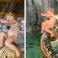 Putto vor und nach Restaurierung Muschelkahn